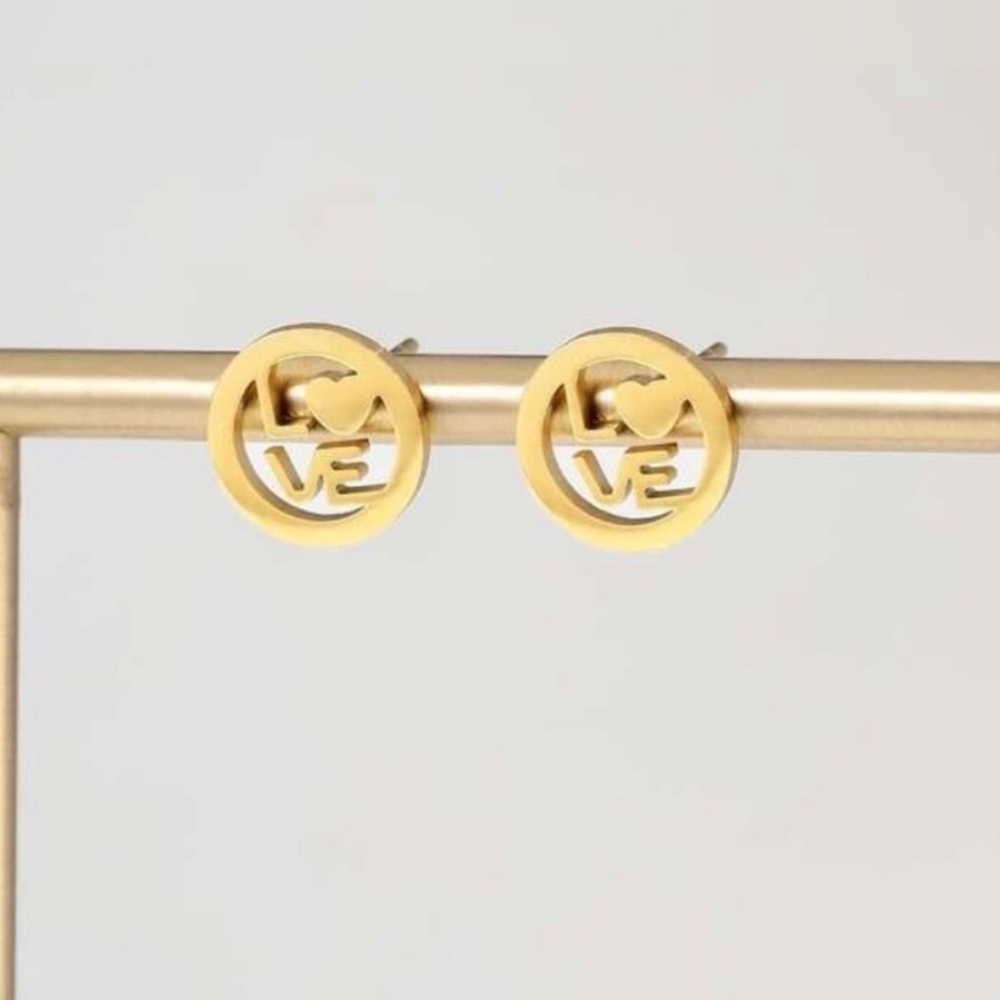 “LOVE” Letters Heart Gold Stainless Steel Cut-Out Circle Romance Mini Tiny Studs - Picture 7 of 11